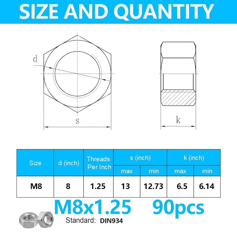 90pcs M8-1.25 Hex Nuts, 304(A2-70) Stainless Steel Hardware Nuts,Standard Metric