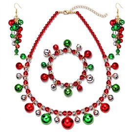 PHALIN Christmas Jewelry Set for Women Beaded Jingle Bells Necklace Bracelets Earrings Xmas Holiday Jewelry Accessories Christmas Sweater Outfits Party Favors Gifts (Style A)