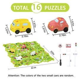 Bearbao Toddler Toys Gifts for 3 4 5 Year Old Boys, Total 16 Pieces Dinosaur Jigsaw Puzzle Racer Track Car Set with 2 Cars for Kids Boys 3-5, Puzzle Tracks Car Toys Gifts for 3 4 5 Year Old Boys Kids