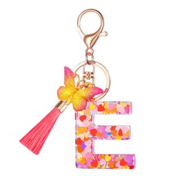 Suweibuke Colourful Cute Initial Letter Keychains for Women Girls with Tassel Butterfly, Charm for Purse Backpacks Handbags Schoolbags (Colorful Pink-E)