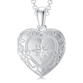 SOULMEET 18k Plated White Gold Starburst Locket Necklace That Holds 1 Picture Photo Diamond Cut Heart Locket Necklace (Locket only)