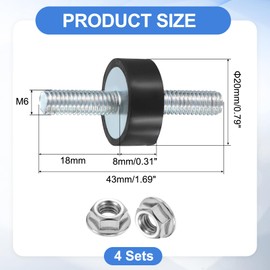 uxcell 4Pcs M6 x 18mm Rubber Mounts, 8 x 20mm Cylindrical Anti Vibration Isolator Studs Shock Absorber Double Studs with Nuts for Car Bobbin Generator Air Compressors