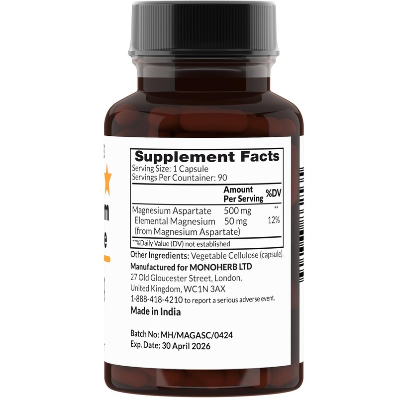 Magnesium Aspartate 500 mg per Capsule - 90 Veg Capsules