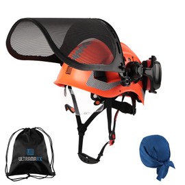 UM ULTRAMAXX 5 in 1 Forestry Safety Helmet with Mesh Face Shield, Built-in Visor, and Ear Muffs Kit, Vented Chainsaw Arborist Helmet for Logging, and Garden Work, Orange