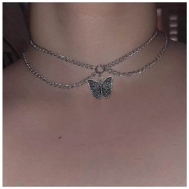 Allereya Boho Layered Butterfly Necklace Choker Silver Dangle Necklace Double Wrap Silver Choker Necklace Short Necklace Chain Jewellery for Women and Girls, Metal