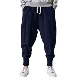 Mens Linen Harem Pants Lightweight Drawstring Elastic Waist Baggy Joggers Casual Cargo Sweatpants Pant Navy