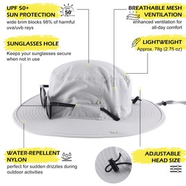 Connectyle Men's Adjustable UV Protection Safari Hat Breathable Wide Brim Bucket Hat Outdoor Beach Boonie Sun Hats Light Grey