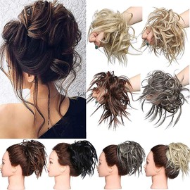 Messy Hair Bun Chignons Synthetic Hair Extensions Wavy Donut Updo Scrunchy Curly Hairpieces Dark Auburn