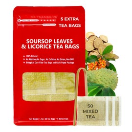Graviola Soursop Leaf Herbal Tea Bags – 55 Count (50 + 5 Bonus), Corn-Based Tea Bags with Celastrus Hindsii & Licorice, Includes Bamboo Tong, Naturally Caffeine-Free, Re-Steepable