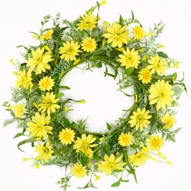 Artificial Spring Wreaths for Front Door Yellow Daisy Wreath Summer Door Wreath with Daisy Flower,Lavender for Front Door Indoor Outdoor Farmhouse Home Wall Window Festival Decoration