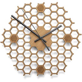 Wall Clock in Open Honeycomb Shape - Creative and Modern Design Made of Bamboo/Wood - Quiet without Ticking - Hexagonal with Open Edge