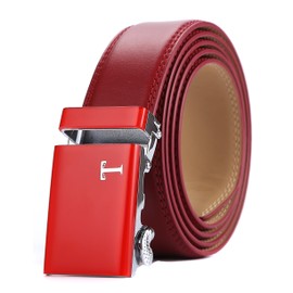 Tonywell Belt Mens Leather Ratchet Belt with Automatic 40mm Buckle (One Size:32"-45"Waist, Red Leather&Red Buckle)