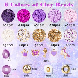 yumcute Make Your Own Bracelet Set, 3000 Pieces Purple Polymer Clay Beads, 6 Colour Jewellery Making Set, 6 mm Clay Beads for Making Bracelets, Necklaces and Earrings