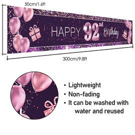 PAKBOOM Happy 92nd Birthday Backdrop Banner Cheers to 92 Years Old Decorations Party Supplies Sign Pink