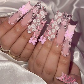 RUOKEXIN Long Press on Nails French Tip Fake Nails Pink False Nails with Bow Designs Square Nail Press ons Long Glue on Nails Sparkly Artificial Nails Cute Stick on Nails for Women 24Pcs