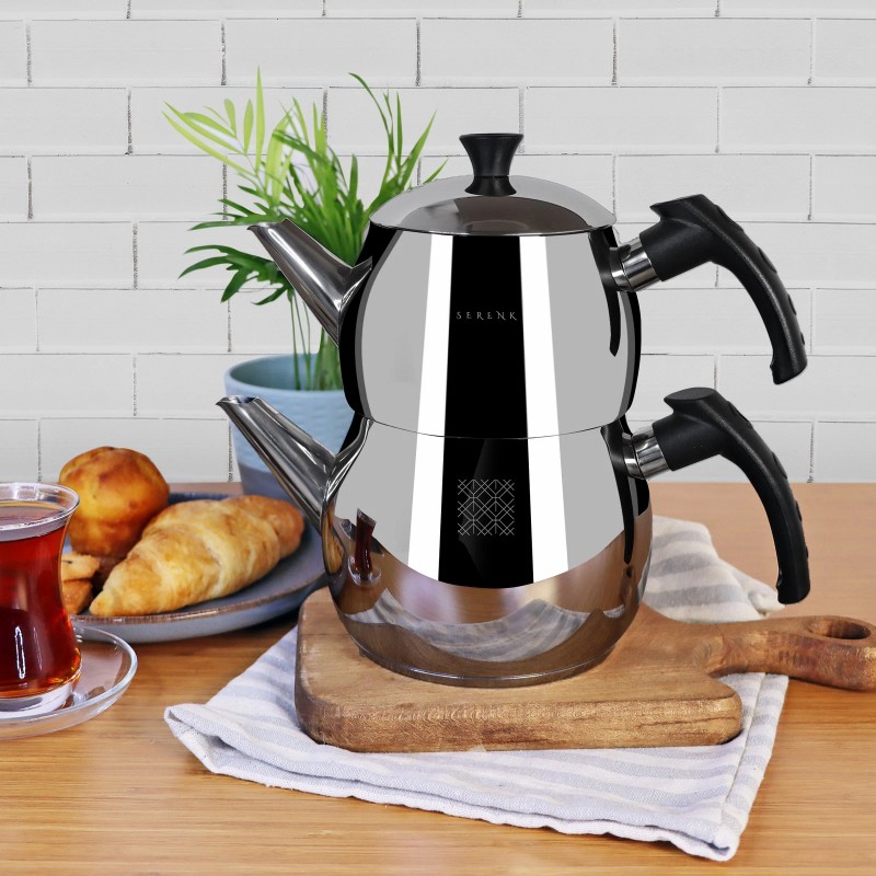 Serenk Traditional Turkish Tea Pot, Stainless Steel Double Tea Pots,
