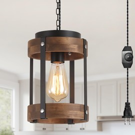 Rustic Farmhouse Plug in Pendant Light Fixture with Adjustable Chain, Dimmable Switch, Oak Wood and Metal Drum Cage Mini Hanging Lamp for Kitchen Island Living Room Hallway Farmhouse Bar, Black