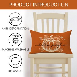 Fjfz Fall Hello Pumpkin Lumbar Decorative Throw Pillow Cover 12 x 20, Rectangular Orange Autumn Outdoor Home Decor, Thanksgiving Seasonal Couch Cushion Case
