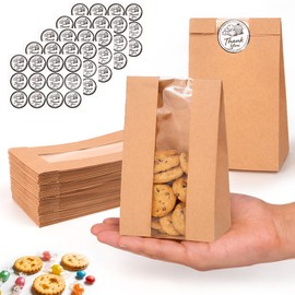 WNSIRVY 50 Pack Cookie Bags with Window, 3.5"x 2.3"x7.5" Kraft Paper Bakery Bags with Stickers for Snack, Cupcake, Popcorn, Coffee Bean, Party Favor, Cookie Packaging