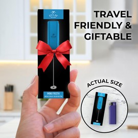 Powerful Milk Frother Wand - Mini & Mighty Handheld Drink Mixer - Portable Coffee Frother For Latte, Cappuccino, Matcha, Hot Chocolate, Creamer - Metallic Blue & Black Button