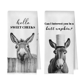 BlissfulAbon Funny Donkey Hand Towels Set - Hello Sweet Cheeks Donkey Waffle Decorative Bathroom Towels, Farmhouse Hand Towels, Hello Sweet Cheeks Bathroom Decor, 16x24 Inch Set of 2