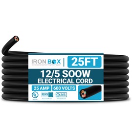 IronBox Electric - 12/5 Bulk Cable - SOOW Jacket - 12 Gauge,5 Wire - Rated for 600V,25A - Water & Oil Resistant Cable for Indoor/Outdoor Use - Ideal for Generators, Circuits & Data Centers (25 feet)