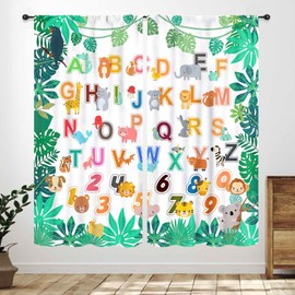 Cortinas ABC del alfabeto para niños, diseño de animales del bosque de dibujos animados, educación divertida para el aprendizaje del cuarto de bebé, recámara, sala de estar, aula, juego de 2 piezas,