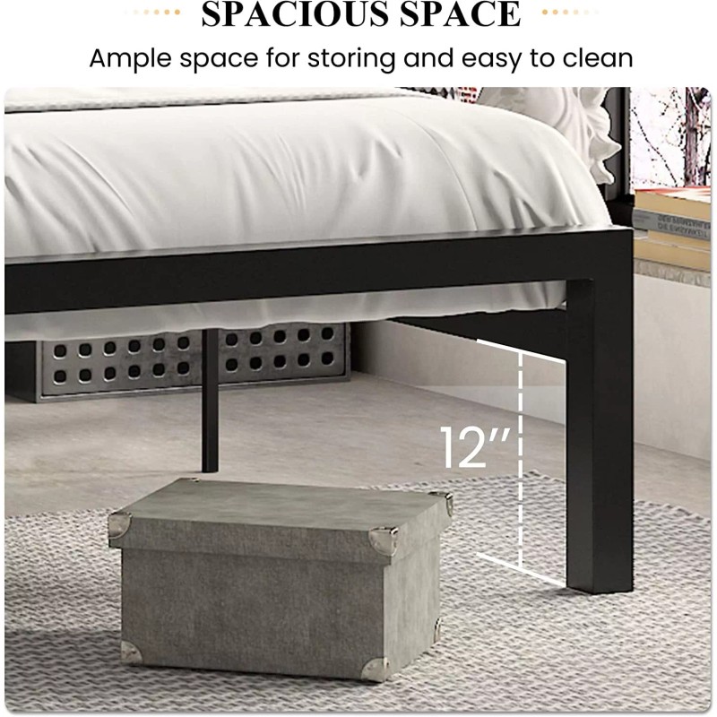 Lov4ever Metal Bed Frame with Geometric Litchi Grain Leather Headboard,