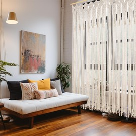 Osunnus Boho Macrame Curtain Handmade String Curtain with Tassel Large Macrame Wall Hanging Boho Room Divider Art Decor for Living Room Bedroom Bohemian Wedding Party Decor, 2 Panels 79" L x 35" W