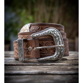 Angus Stoke Jessy Buffalo Leather Western Belt - Women's and Men's Vintage Cowboy Western & Rodeo Belt - Original Hand-Carved Leather Belt, brown