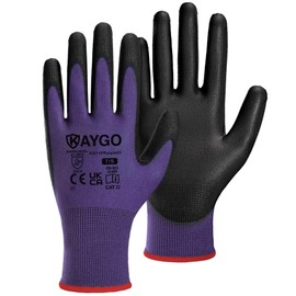 KAYGO 12 Pairs of Work Gloves for Men Women, PU Coated Protective Gloves, Non-Slip Grip on Palms and Fingers, Suitable for DIY General Work, Gardening (Purple, S, Size 7)