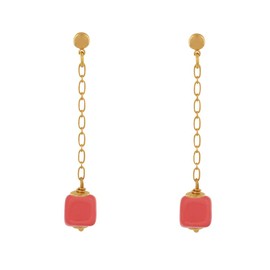 LES POULETTES BIJOUX - Golden Brass Earrings Chain and Ceramic Cube, Ceramic