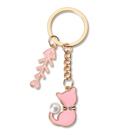 Cute Cat Keychain for Women Girls Funny Cat Key Chain with Fishbone Pendant Cat Lovers Gifts for Cat Mom Friend Sisters Pink Cat Keychains with Pearl Tail Bag Jeans Accessories for Girls