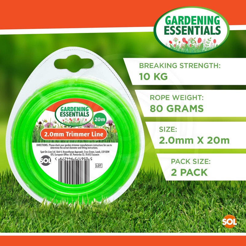 SOL 2pk Trimmer Line 20m x 2mm Green Strimmer Wire,