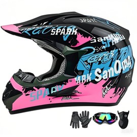 Motocross Helmet,Adult &Youth Trend Full Face,ATV Motorcycle Helmet,Dirt Bike Downhill Off-Road Mountain Bike,DOT Certified,4-Piece Set (Pink, Large)