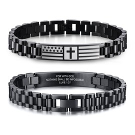 Cross Bracelet for Men - Black Bible Verse Stainless Steel Band Mens American Flag Bracelet Birthday Gift Ideas First Communion Confirmation Baptism Christian Easter Gifts for Teenager Teen,65