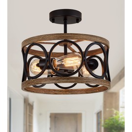 MEIXISUE Semi Flush Mount Modern Farmhouse Ceiling Light Fixtures,3-Lights Black and Retro Wood Finish,Drum Shade Rustic Light Fixtures for Entryway Hallway Foyer Kitchen Dining Room Bedroom