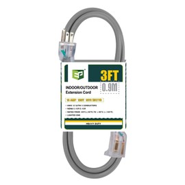 EP 3 Ft Lighted Extension Cord - 12/3 SJTW Heavy Duty Grey Extension Cable with 3 Prong Grounded Plug - Power Cord for Lawn, Garden, Appliances