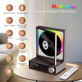HOTT CD-Player Tragbar mit Fernbedienung, Bluetooth 5.3 Desktop CD Player mit RGB-Lichtern, Tragbarer CD Player mit HiFi Lautsprechern, Unterstützt TF-Karte, Transkription, LED-Bildschirm, Timer(grau)