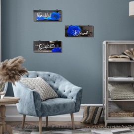 3 Pieces Rose Wooden Wall Decor Thankful Grateful Blessed Wooden Signs Inspirational Wall Art Signs Wedding Wall Decor for Room Kitchen Bathroom (Blue, 16 x 6 Inch)