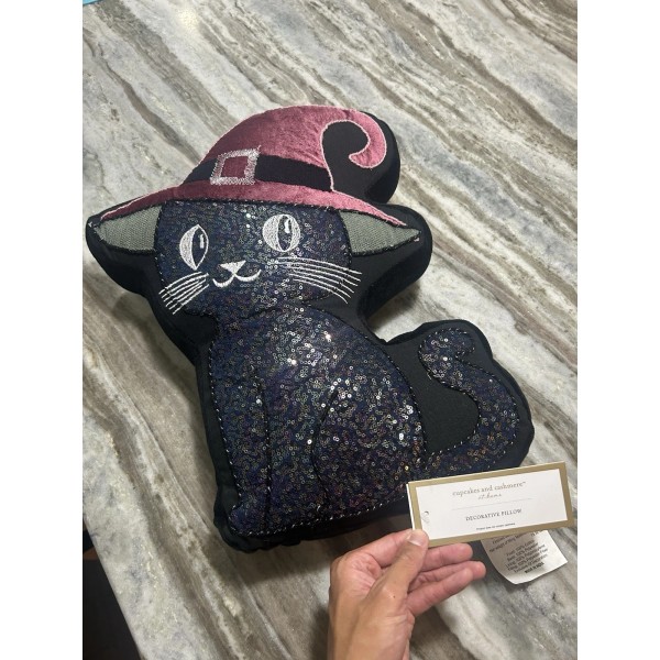 Cupcakes and Cashmere Black Cat in Witch Hat Plush Pillow