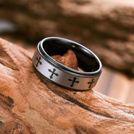 King Will 8mm Black Tungsten Carbide Rings for Men Lord's Prayer Engraved Mens Christian Cross Bible Ring Male Religious Faith Wedding Band Brushed Finish Stepped Edge, Size 9