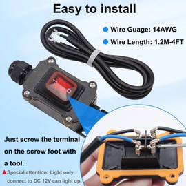 Bemaka IP67 Waterproof Inline Switch 12V DC 20A 4Pin 2 Position On/Off Toggle Switch with 14 AWG Wire Outdoor Inline Cord Switch with Red LED Rocker Button