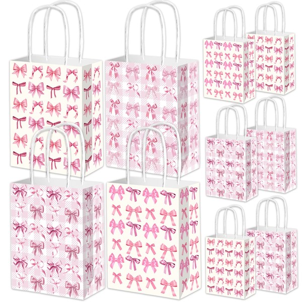 Qpout 12pcs Pink Bow Party Favor Bags with Handle,Cute Bow