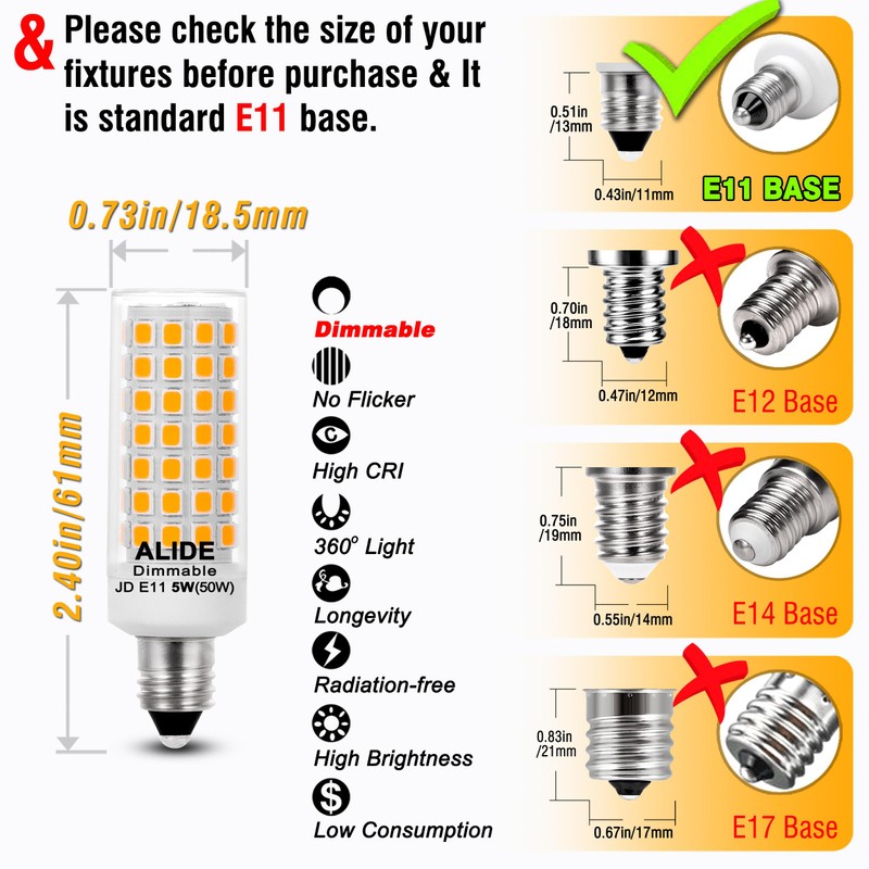 E11 Led Bulbs Dimmable No-Flicker, JDE11 120V 50W Halogen Candelabra