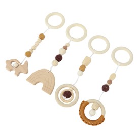 Fydun 4 Pcs Wooden Hanging Toys, 4pcs Stroller Pendant Baby Play Gym Toys, Car & for Toddlers Infants (Coffee Color)