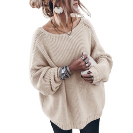 GUNEST Oversized Sweaters for Women Trendy Crew Neck Batwing Long Sleeve Casual Chunky Cotton Knit Tunic Sweater Cream M