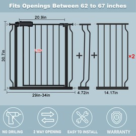 Flower Frail Extra Wide Baby Gate Black 62-67 Inch Wide Pressure Mounted Auto Close Child Safety Gate Long Dog Gate for House Doorways