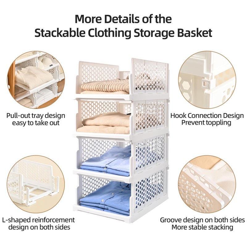 Pull-out Plastic Storage Basket,Stackable Closet Organizers Drawer Anti-Tipping, Reinforced Stable