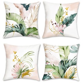 Bonhause Green and Pink Leaves Cushion Covers 50 x 50 cm Tropical Leaf Decorative Throw Pillow Covers Soft Velvet Pillowcases for Sofa Patio Garden Decor Set of 4